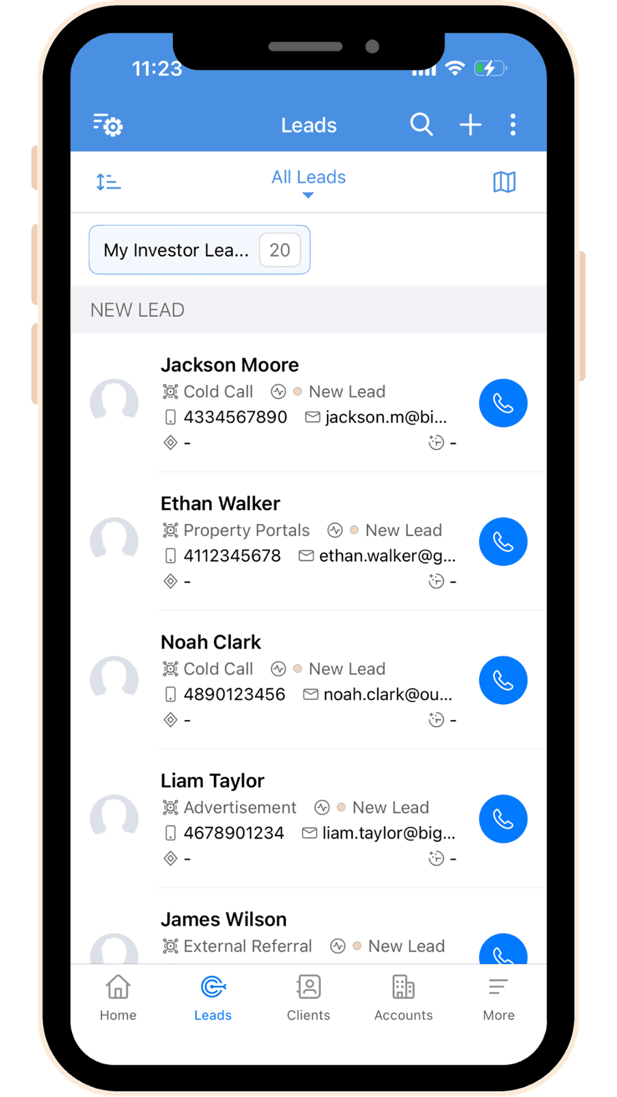 Buyers agency mobile app showing real-time lead list and instant lead management